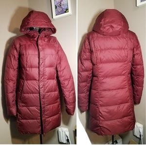 REI down jacket, adjustable hood, mid-thigh length